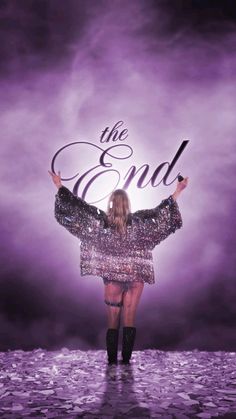 a woman standing in front of a purple background with the words'the end '