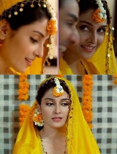 two pictures of a woman with flowers in her hair and wearing a yellow sari