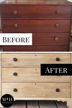 before and after photos of a dresser with white paint on the top, black lettering below