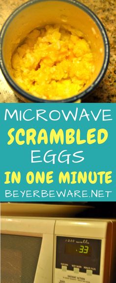 microwave with scrambled eggs in it and text overlay that reads microwave scrambled eggs in one minute