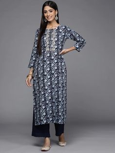 Blue Cotton Straight cut Printed Zardozi Kurta Festive Kurta With Printed Motifs And 3/4 Sleeves, Festive Kurta With 3/4 Sleeves And Printed Motifs, Festive 3/4 Sleeve Kurta With Printed Motifs, Eid Kurta With Floral Embroidery And 3/4 Sleeve, Festive Kurta With 3/4 Sleeves, Diwali Printed Straight Kurta, Floral Print Straight Kurta For Navratri, Floral Print Straight Kurta For Eid, Festive Printed Straight Kurta