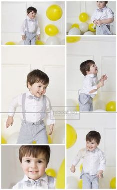 a collage of photos shows a young boy in suspenders and bow tie, standing next to yellow balloons