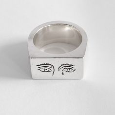 Our popular Sad Eyes ring. The crying eyes of Jesus, inspired by a painting. Made with 100% recycled hallmarked 925 sterling silver. Rat Betty, Eyes Ring, Crying Eyes, Thick Ring, Eye Ring, Ring Sizer, Black Box, Recycled Sterling Silver, Unique Rings