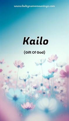 the words kallo are written in black on a blue background with pink and white flowers