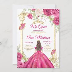 a princess birthday party with pink roses and gold trimmings on the front, white background