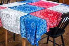 a table with a red, white and blue cloth on it