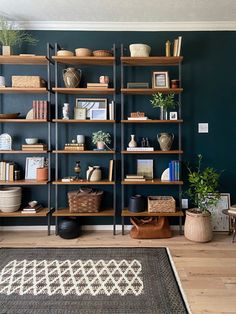 a living room filled with lots of bookshelves next to a rug and potted plants