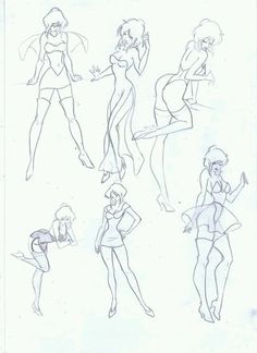 some sketches of women in different poses and body shapes, from the front to the back