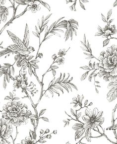 Simply beautiful and wonderfully monochromatic, this delicate floral trail belongs on a wall (or four) in your home. Birds perch amongst the curling vines and flowers lending to its organic and fresh energy. Charcoal Longwood Peel and Stick Wallpaper comes on one roll that measures 20.5 inches wide by 18 feet long. NuWallpaper 30.75-sq ft Gray Vinyl Floral Self-adhesive Peel and Stick Wallpaper | NUS3832 Brewster Wallcovering, Trailing Flowers, Brewster Wallpaper, A Street Prints, Large Scale Floral, Monochromatic Color Scheme, Bird Wallpaper, Organic Colors, Pip Studio