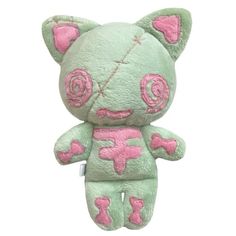 a stuffed animal with pink and green paint on it's face, sitting in front of a white background