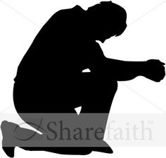 the silhouette of a man kneeling down with his hand on his knees, looking at something