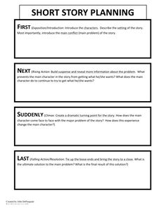 the short story planning worksheet is shown in black and white, with an image of