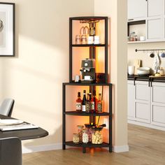 a room with a table, chairs and shelves filled with bottles on top of it