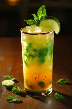 a tall glass filled with ice, lime and mint on top of a wooden table