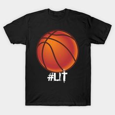 a black t - shirt with an orange basketball on the front and white lettering that says tut