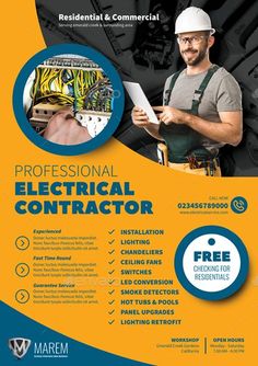 a professional electrician flyer template with an image of a man working on a machine