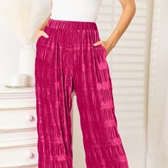 These High-Waisted Wide-Leg Pants With Pockets Are The Epitome Of Effortless Style And Functionality. The High Waist Design Accentuates Your Curves While Providing A Comfortable Fit, And The Wide Leg Adds A Touch Of Drama To Your Outfit. With The Added Convenience Of Pockets, These Pants Are A Perfect Choice For Both A Chic Office Look And A Casual Day Out. Features: Ruched Sheer: Opaque Material Composition: 95% Polyester, 5% Spandex Care Instructions: Machine Wash. Do Not Dry Clean. Imported M Velvet Wide Leg Pants, Curve Model, Office Look, Maxi Dress Cocktail, Chic Office, Pants With Pockets, Baywatch, Maxi Dress Formal, Velvet Pants