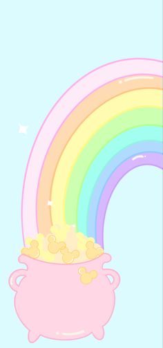 a pot full of gold sitting in front of a rainbow with clouds and stars on it