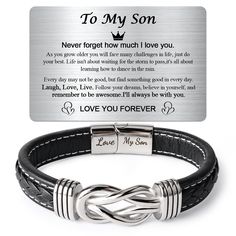 a black leather bracelet with an engraved message on the front and back of it that says to my son