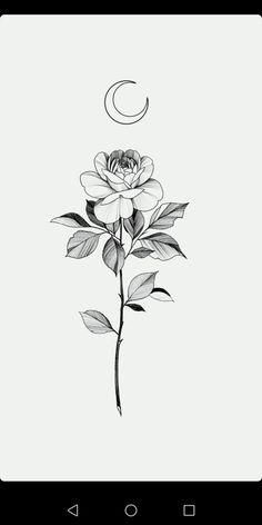 a black and white drawing of a rose with the moon in the sky above it