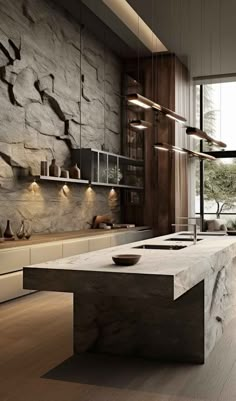 a modern kitchen with an island counter top