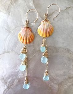 Handcraft Earrings, Sea Foam Blue, Sunrise Shell, Surf Jewelry, Seashell Earrings, Chalcedony Earrings, Mermaid Jewelry, Seashell Jewelry, Ocean Jewelry