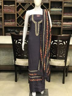 A stunningly marvellous outfit featuring Kashmiri Aari and Tilla fusion Embroidery. - - - - - - - - - - - - - - - - - - - - Product Details- Condition: Brand New- Style: Indian Ethnic Suit- Base Colour: Ash Grey- Embroidery Colour: Multi-Colour- Care Instructions: Dry Clean OnlyF A B R I CShirt: ChinonDupatta: Viscose GeorgetteLower: Indian CrepeF I N I S HUnstitched/Semi-StitchedYou can get it stitched locally.47+ inches of Shirt Length and up to full sleeves length.StitchedWant something ready Kashmiri Suits, Party Wear Suits, Grey Embroidery, Dress Party Wear, Suit Indian, Embroidery Product, Ethnic Suit, Designer Salwar, Designer Salwar Suits