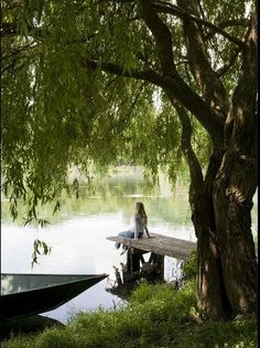 a woman sitting on a bench next to a tree near a lake with two boats