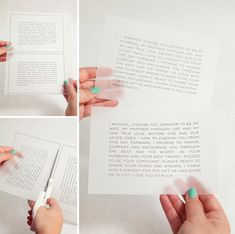 the hands are holding an open book with writing on it and scissors in each hand