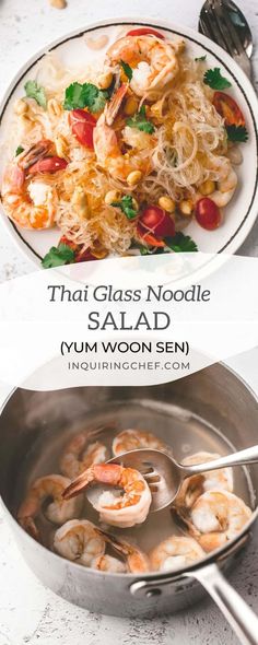 shrimp and noodle stir fry in a wok with text overlay that says thai glass noodles salad