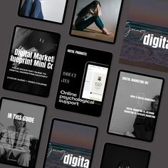 the digital marketing brochure is displayed in multiple different styles and colors, including black and white