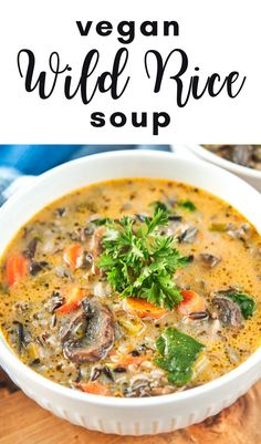 vegan wild rice soup in a white bowl