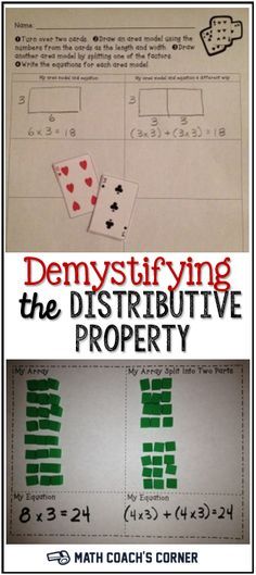 two pictures with the words demystifying the distributive property on them