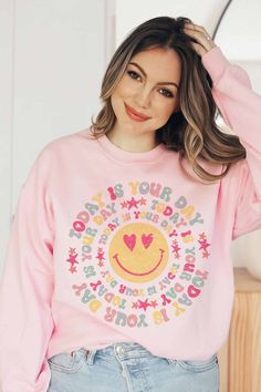 Today is your day smiley face graphic sweatshirt + designed for comfort and style + premium cotton + unisex sizing + classic fit. Trendy Pink Sweatshirt For Everyday, Trendy Pink Sweatshirt, Trendy Pink Everyday Sweatshirt, Fun Graphic Print Sweatshirt For Loungewear, Trendy Funny Print Sweatshirt For Loungewear, Trendy Relaxed Fit Sweatshirt With Smiley Face, Smiley Face Graphic, Today Is Your Day, Graphic Pullover