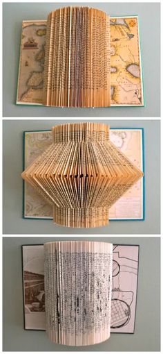 three different views of an origami book hanging on the wall with pictures behind it