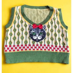 Sleeveless Argyle Black Cat Sweater Crop Top Check Bow Knit Shirt Women L Romwe New With Tags Fitted Sleeveless Tops With Cat Print, Cute Sleeveless Sweater Vest For Winter, Cute Sleeveless Knit Tops, Y2k Sleeveless Winter Vest, Green Tank Sweater Vest Casual Style, Green Tank Sweater Vest Casual, Retro Green Sleeveless Tank Top, Cute Cotton Sleeveless Sweater Vest, Cute Green Sleeveless Top