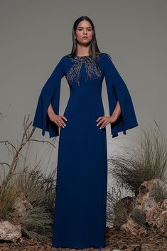 Cape sleeves fitted gown Cape Sleeves Gown, Isabel Sanchis, Feather Gown, Fitted Gown, Fitted Gowns, High Low Gown, Column Skirt, One Shoulder Midi Dress, Long Sleeve Gown