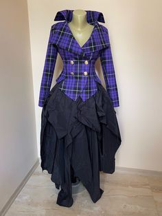 "This is a very stylish and elegant purple plaid  jacket . Leght  58cm - at back. Fully lined. A jacket especially made to turn heads and give you that wow factor :) SIZE CHART SIZE S - US 6, UK 8, EU 36 bust: bust around 34.5\"/90cm Waist: waist around 27.5\"/70cm Hips: hips around 34.5\"/90cm SIZE M - US 8, UK 10, EU 38 bust: bust around 37.5\"/95cm Waist: waist around 29.5\"/75cm Hips: hips around 37.5\"/95cm SIZE L - US 10, UK 12, EU 40 bust: bust around 39.5\"/100cm Waist: waist around 31.5 Gothic Fitted Long Sleeve Blazer, Fitted Gothic Blazer For Fall, Punk Style Fitted Long Sleeve Blazer, Fitted Double-breasted Purple Blazer, Fitted Purple Double-breasted Blazer, Gothic Long Sleeve Blazer For Costume Party, Tailored Costume Blazer, Costume Blazer With Buttons And Long Sleeves, Costume Long Sleeve Blazer