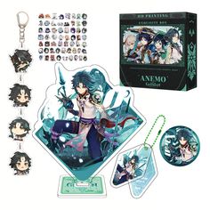 an anime keychain with various items on the front and back, including two key chains