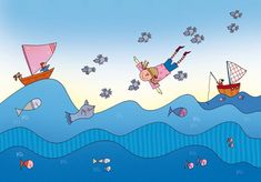 an image of children playing in the ocean with boats and fish flying around them on a sunny day