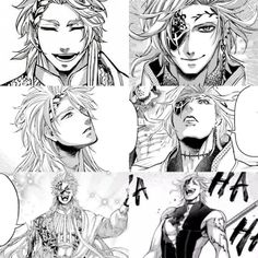 an image of some anime characters with different expressions on their faces and hair, in black and white