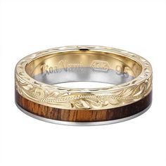 This 14K solid gold two-tone ring features Hawaii's own Koa wood and traditionally inspired Hawaiian engravings. The engraving of this ring was done entirely by hand. As a popular gift, our Koa Nani jewelry is created to last for generations. Celebrate the centuries old tradition of gifting Hawaiian Heirloom jewelry for your loved ones and friends; originated by Queen Victoria who gifted Princess Liliuokalani with what was to become the first gold Hawaiian bracelet. The popular scroll or wave mo Hawaiian Heirloom Jewelry, Hawaiian Bracelets, Koa Wood Ring, Heirloom Jewelry, Koa Wood, Heirlooms Jewelry, Wave Ring, Hawaii Island, Nalu