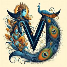 the letter v is made up of peacocks and feathers with an image of hindu deities on it