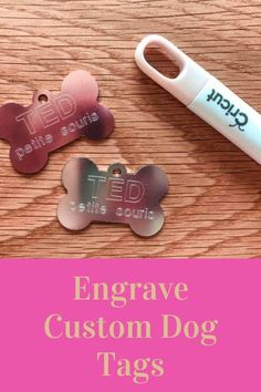 three dog tags with the words engage custom dog tags written on them