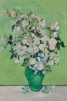 a painting of white flowers in a green vase