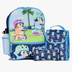 two children's backpacks and lunch bag with cartoon characters on them, one is blue