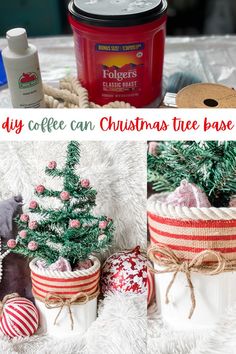 how to make a christmas tree base out of a folgers coffee can Coffee Tin Can Ideas Christmas, Coffee Can Christmas Ideas, Coffee Can Christmas Tree, Diy Coffee Can Crafts, Empty Coffee Container Ideas, Coffee Can Christmas Crafts, Coffee Can Snowman, Diy Christmas Tree Base