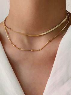 Luxury Minimalist Jewelry With Double Chain, Luxury Minimalist Double Chain Necklace, Luxury Minimalist Double Chain Jewelry, Plain Gold Chain Designs For Women, Plain Gold Necklace, Gold Chain Choker, Double Necklace, Double Layer Necklace, 18k Gold Chain