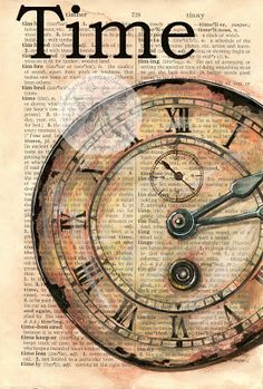 an old clock with the words time on it's face and hands, in front of a newspaper page