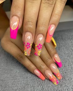 Yellow And Pink Acrylic Nails, Simple Acrylic Nails Long Square, Acrylic Flowers On Nails, Aruba Nails, Acrylic Nails Simple, Acrylic Nails Long, Nails Flowers, Spring Acrylic Nails, Simple Acrylic